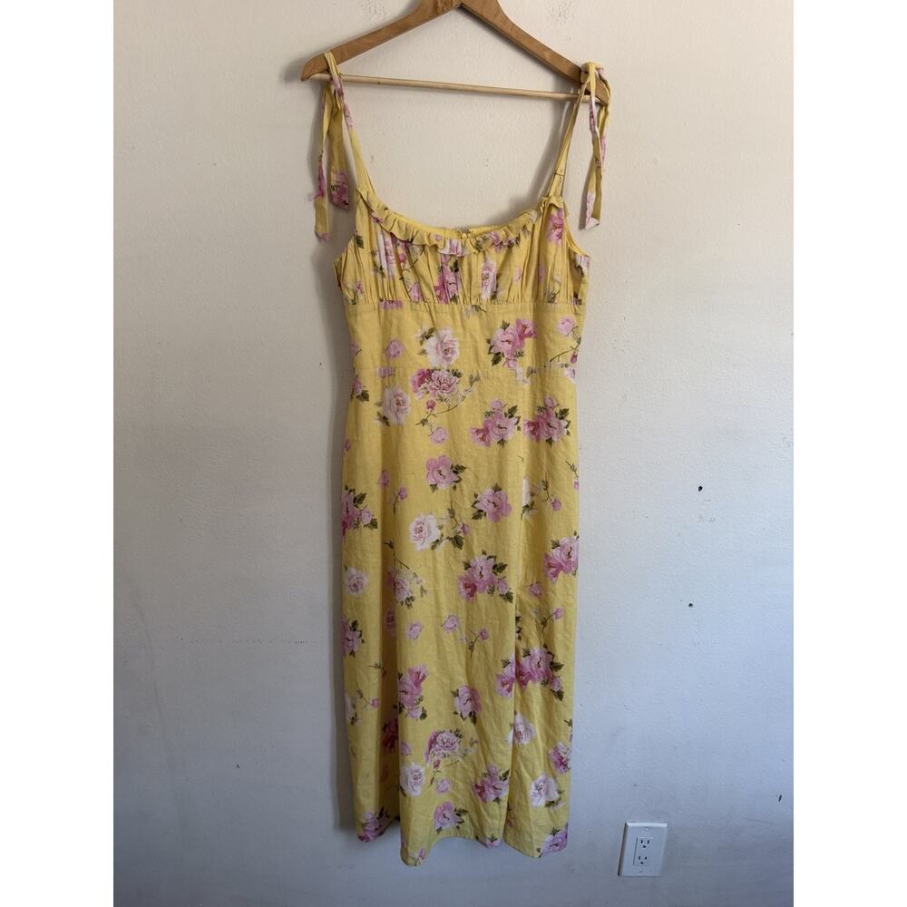 WAYF Floral Midi Dress Yellow Pink Roses Tie Strap Ruffle Bust M Linen Blend